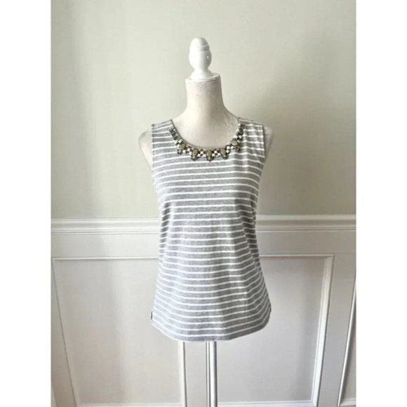J. Crew Jeweled Neck Cotton Gray White Stripe Tank Top Shell S - Picture 1 of 5